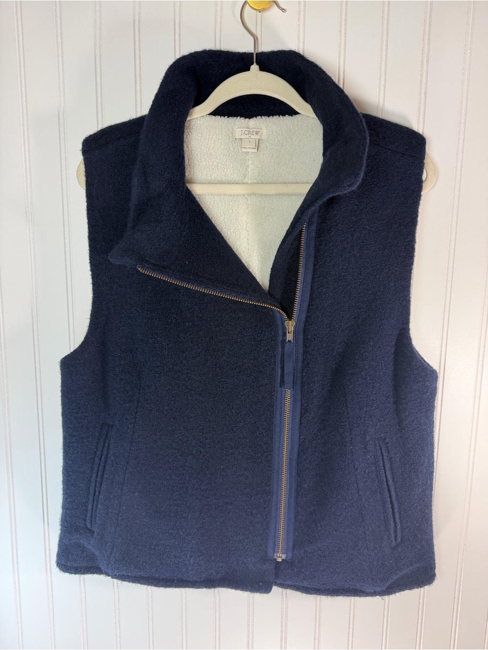 J. Crew Sherpa Lined Wool Moto Vest  Navy Blue Large